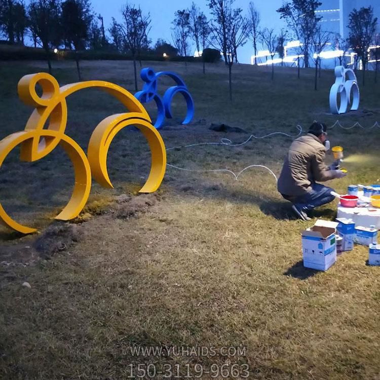 公園戶外不銹鋼抽象騎自行車的人物雕塑