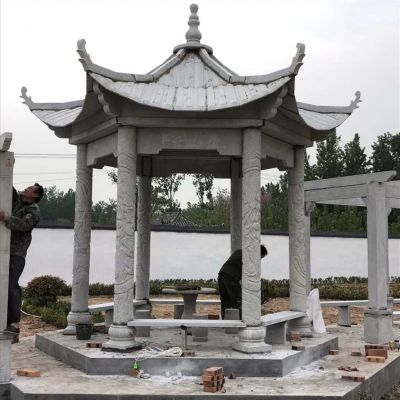 公園庭院擺放仿古建筑六角雕刻長(zhǎng)廊休閑涼亭