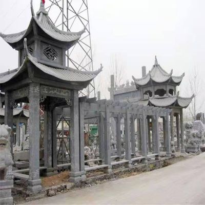 青石雕刻仿古建筑二層頂中式?jīng)鐾らL(zhǎng)廊花架公園小區(qū)擺件