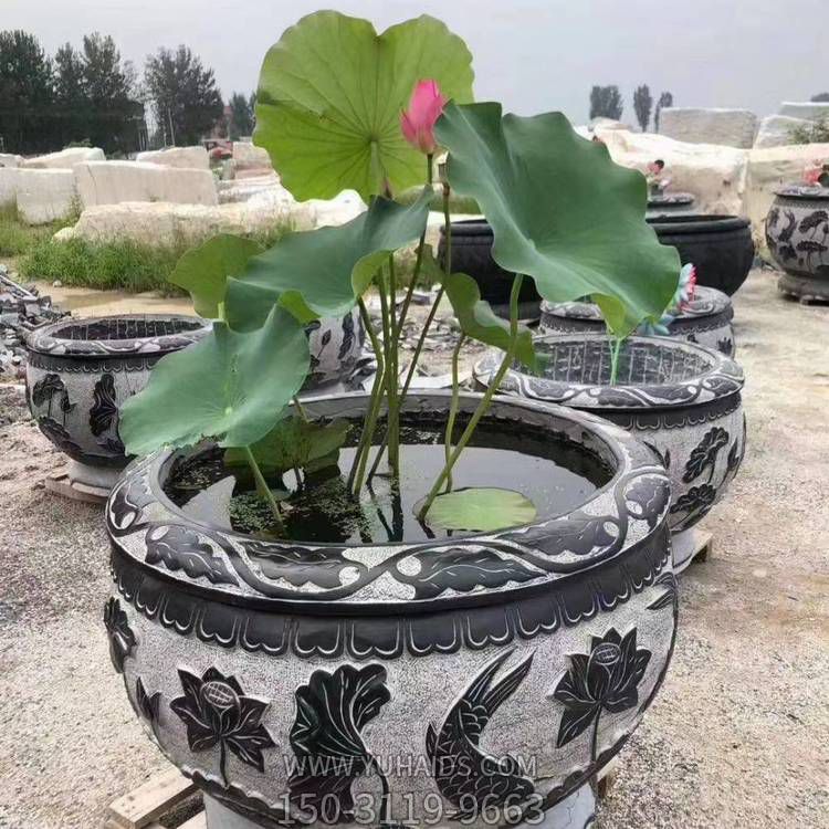 石雕荷花魚缸花盆圓形青石庭院仿古石槽雕塑